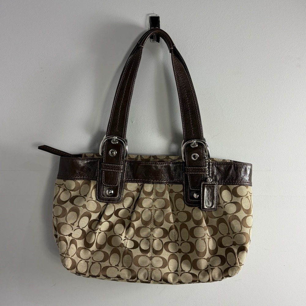Coach Soho Pleated Signature C Tote Shoulder Bag Brown Canvas Leather F13742 Y2K
